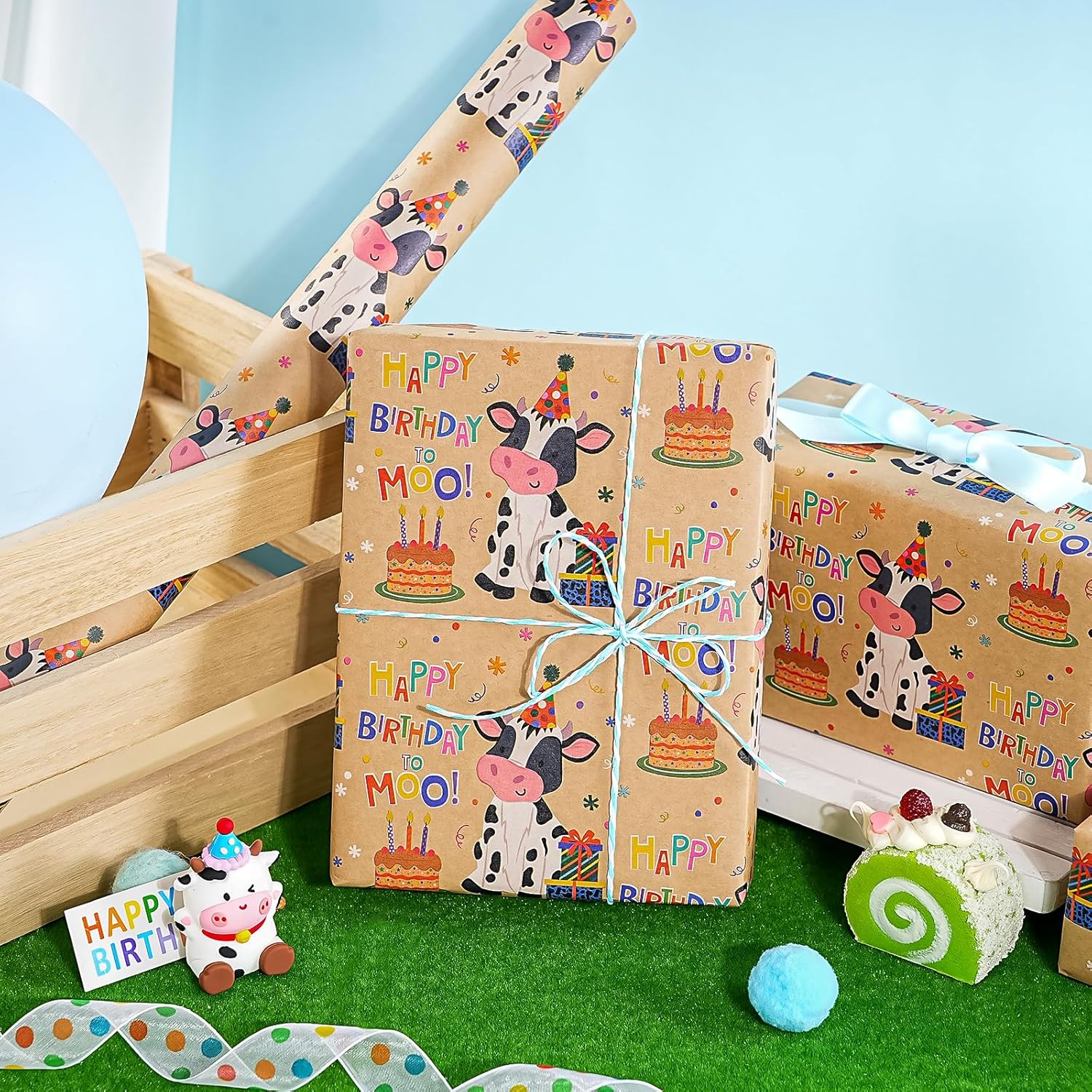Kraft Cow Birthday Wrapping Paper Roll - Mini Roll - 17 Inch X 16.5 Feet - Cow Wrapping Paper With Cakes And Happy Birthday Moo Design Perfect For Girls Boy Kids, Baby Shower