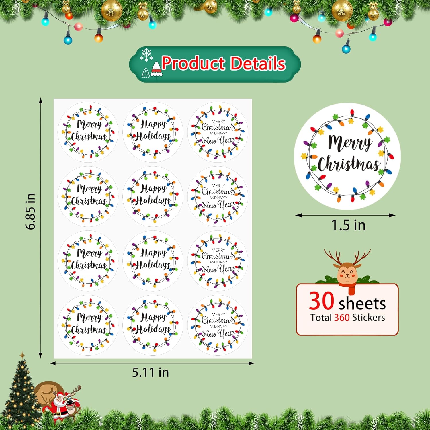 360Pcs Christmas Lights Stickers For Kids, New Year Envelopes Seals Stickers Gift Present Wrap Decoration, 1.5Inch