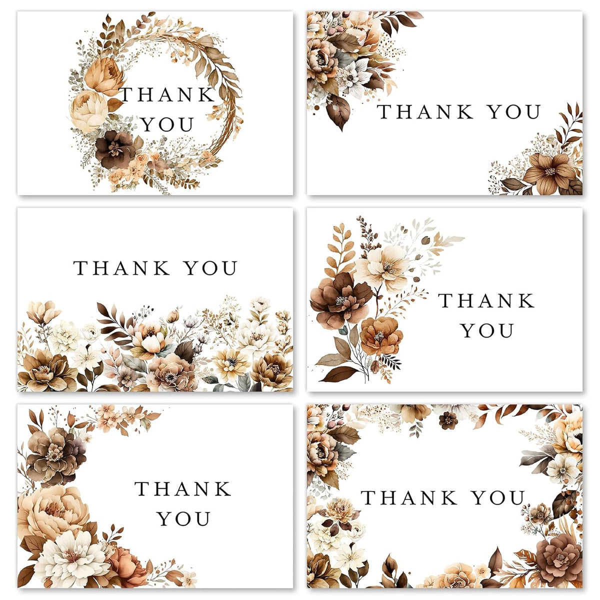 36 Pack Fall Thank You Cards Bulk Vintage Brown Floral Greeting Cards With Envelopes Stickers Retro Flower Leaves Blank Note Cards For Fall Wedding Baby Shower Birthday, 6 Design