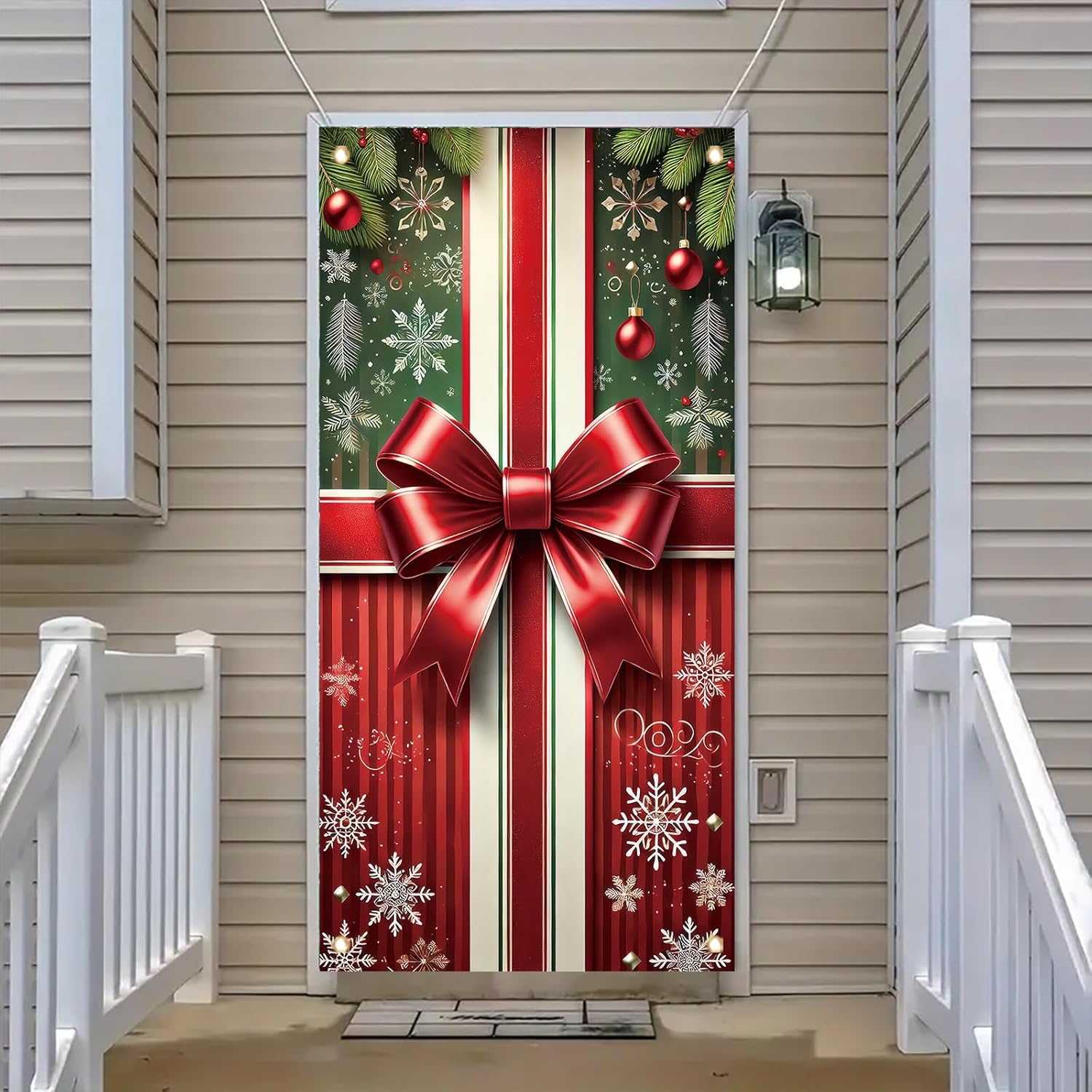 Christmas Door Cover Banner 35X71 Inch Holiday Front Door Decoration With Red Ribbon Bow Ornaments And Striped Gift Wrap Pattern For Xmas Winter Wall Hanging Seasonal Decor