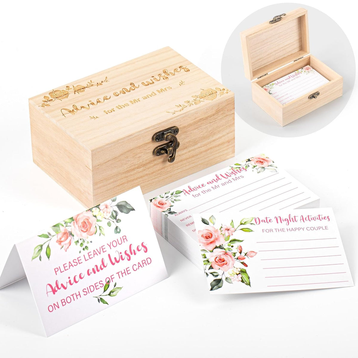 74Pcs Set Wedding Advice And Wishes Cards With Wooden Box For Mr.And Mrs Bridal Shower Games Decoration Supplies 4.7 X 3.15 Inch