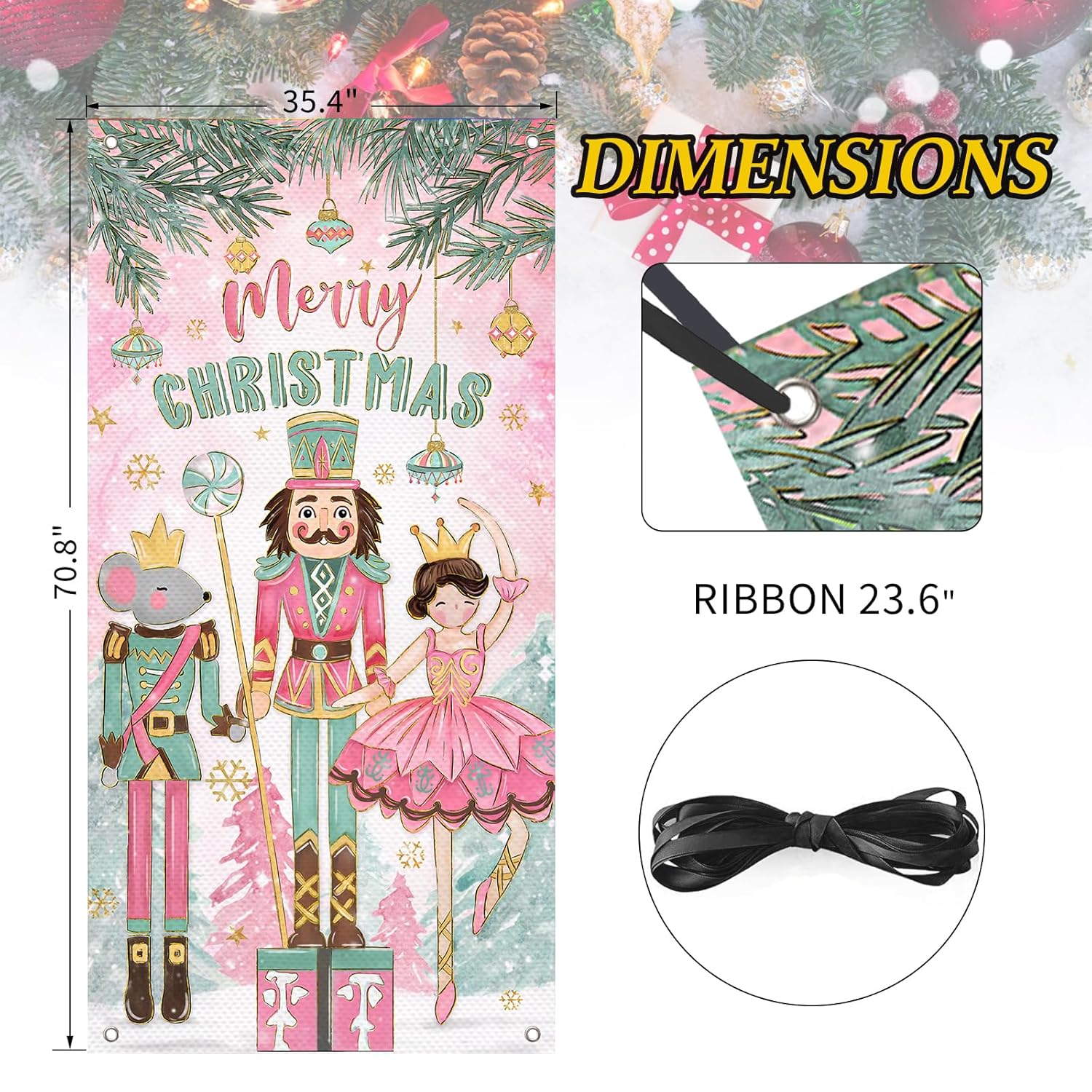 Merry Christmas Nutcracker Door Cover Decorations, Pink Xmas Tree Front Door Banner Background, Winter Holiday Party Indoor Outdoor Home Decor 3 X 6 Ft
