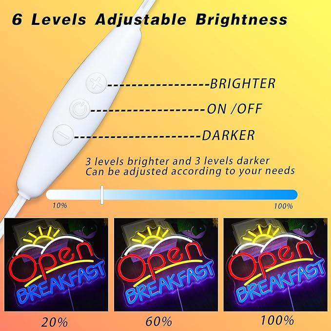 Open Breakfast Neon Sign Dimmable USB Powered LED Wall Decor Light for Restaurants Kitchens