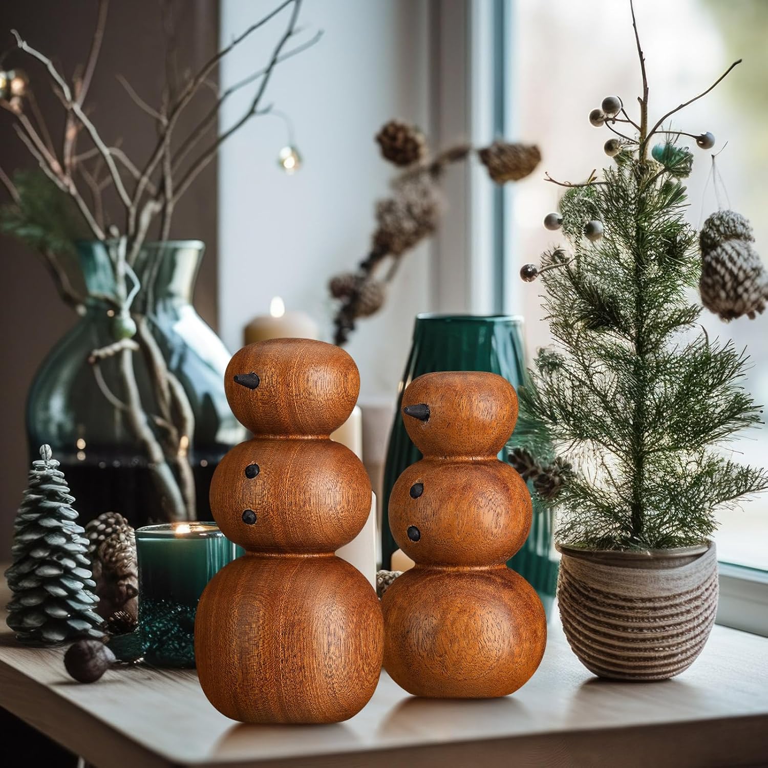 2 Pcs Snowman Christmas Decorations Wooden Christmas Table Decorations Cute Snowman Figurines Winter Tiered Tray Decor Xmas Wood Blocks For Party Office Home Shelf Indoor Decor Gifts