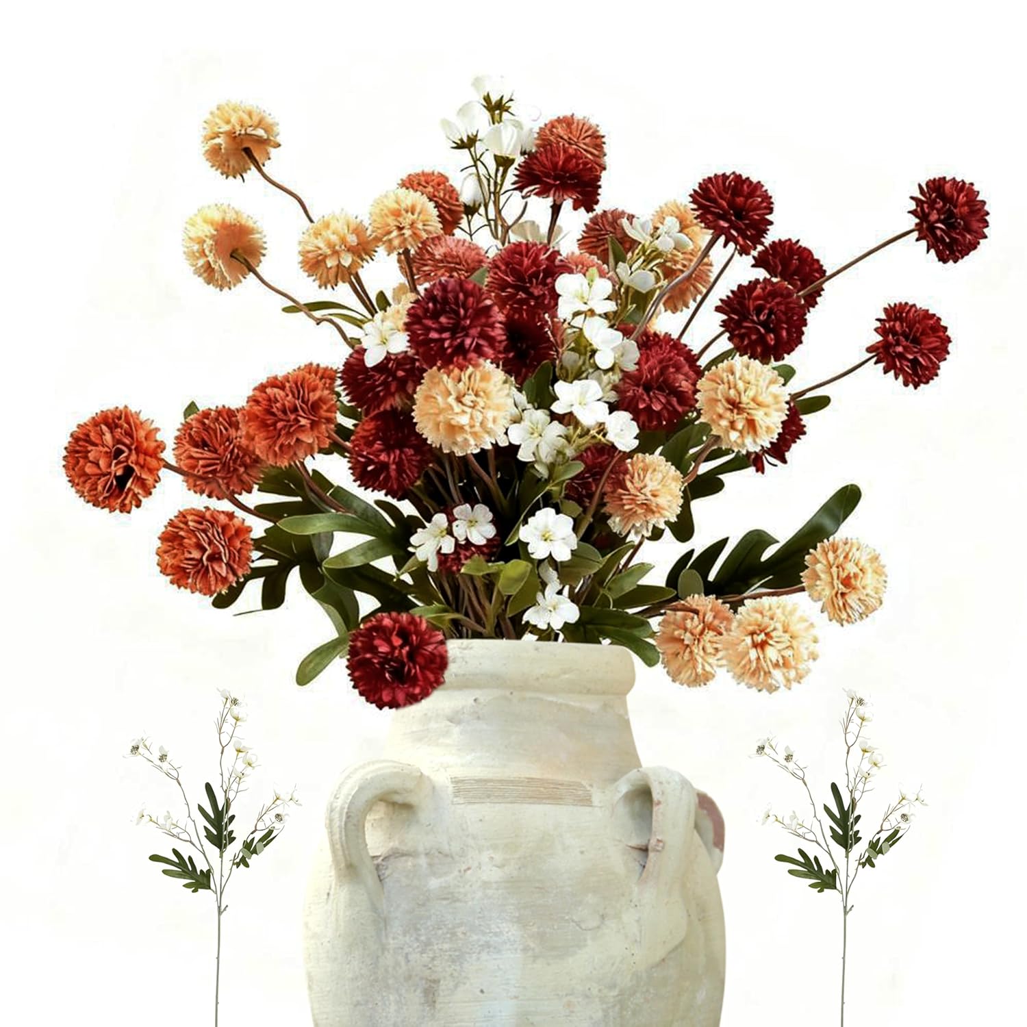 12Pcs Fall Flowers, Burnt Orange Artificial Flowers Kiku 10 Stems With 2 Wax Flowers, Fake Silk Mums For Vase, Autumn Floral Centerpiece Decor