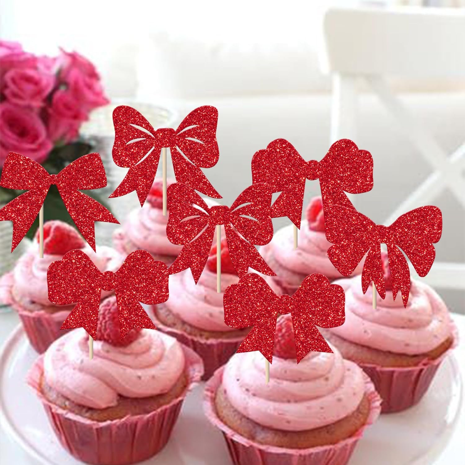 24 Pack Bow Cupcake Toppers Christmas Bowknot Themed Birthday Cupcake Picks Decorations For Merry Christmas Baby Shower Birthday Wedding Party Decorations