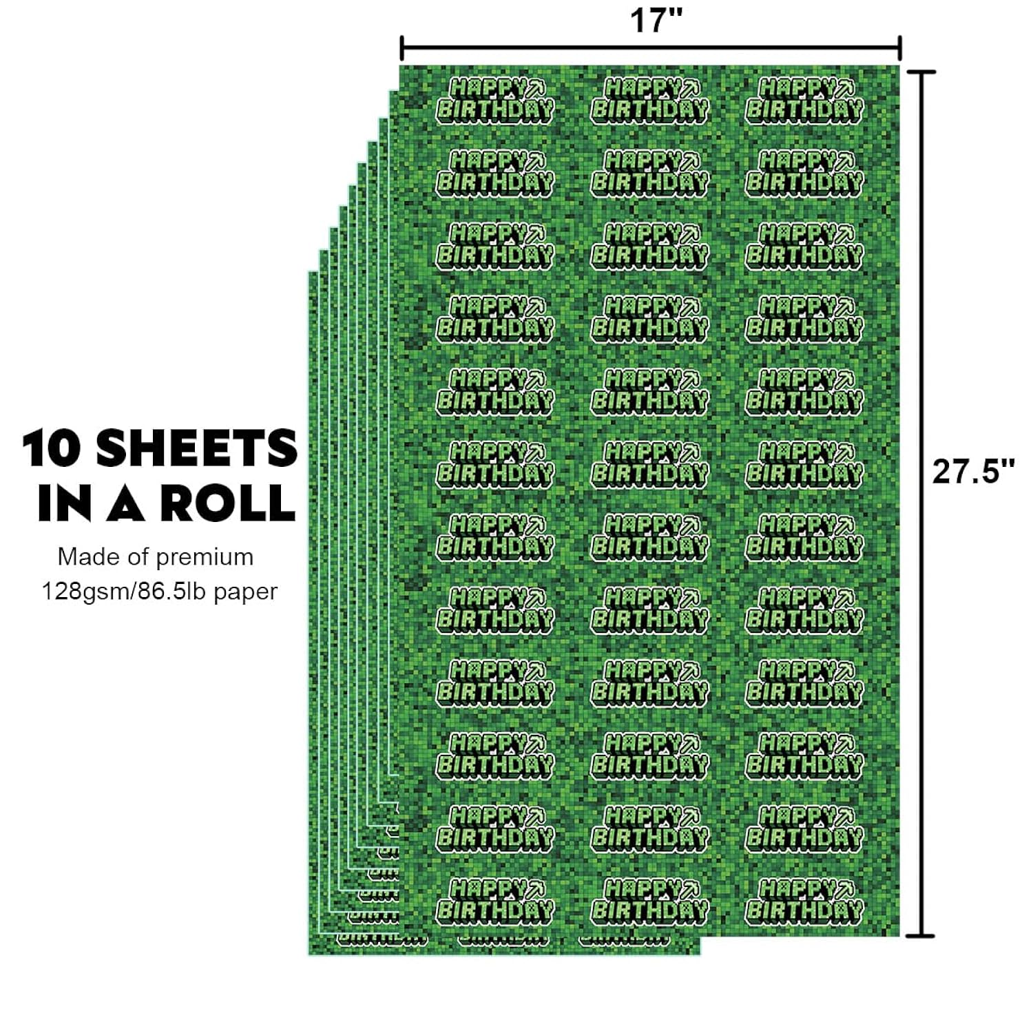 Birthday Wrapping Paper Boy Happy Gift Wrap Bag Party Decoration For Kids Gamer Thick Cute Pixel Style 17X29.5” 10 Sheets In A Roll Green