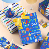 Blue Birthday Wrapping Paper Roll - Happy Birthday Lettering & Colorful Candles, Reversible Design For Boy Baby Shower, Party - Mini Roll - 17 Inch X 33 Feet