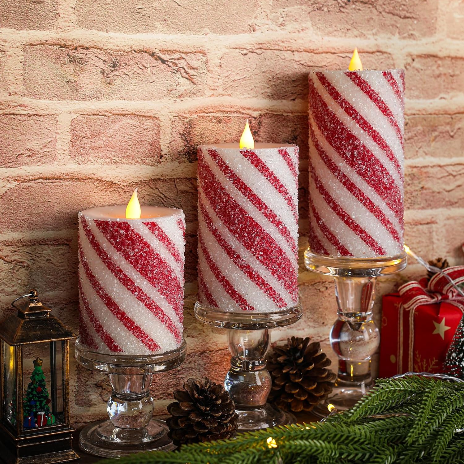 Christmas Flameless Pillar Candles Decor - 3Pcs Candy Cane Stripe Real Wax Red And White Led Candles With Battery Operated For Home Christmas, New Year, Winter Wedding Party Decoration Or Gift