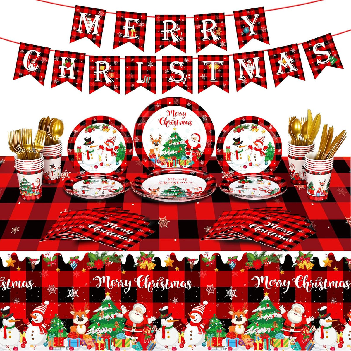 173 Pieces Christmas Party Supplies Buffalo Christmas Paper Plates And Napkins Disposable Xmas Tableware Set Merry Christmas Plaid Tablecloths Banner For Christmas Holiday Party Decor Serves 24 Guests