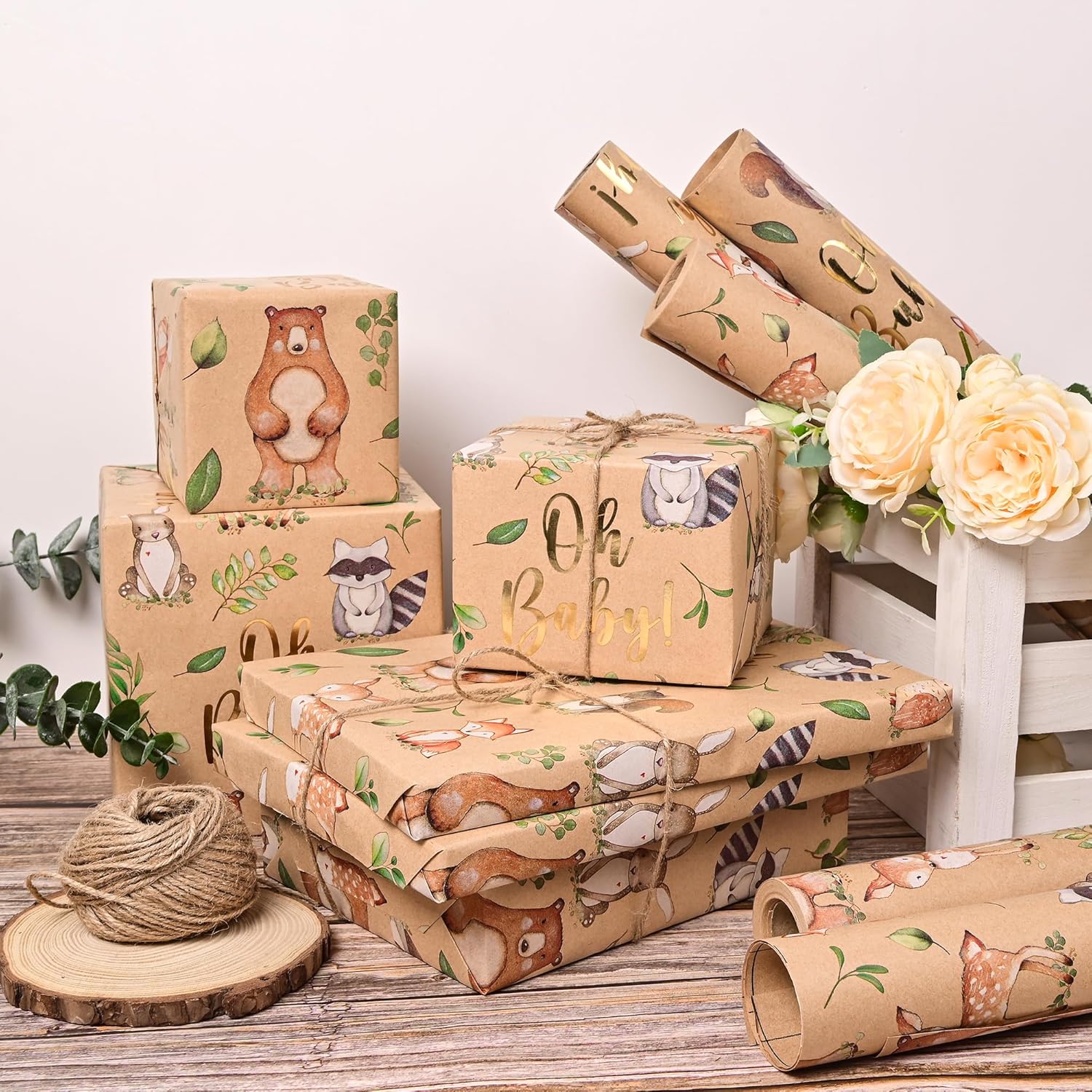 Baby Shower Kraft Wrapping Paper Roll For Boys Girls - 17 Inch X 33 Feet - Cute Woodland Animals Gold Foil Texts Design Birthday Gift Wrap For Neutral Baby Shower Kids' Birthday Party