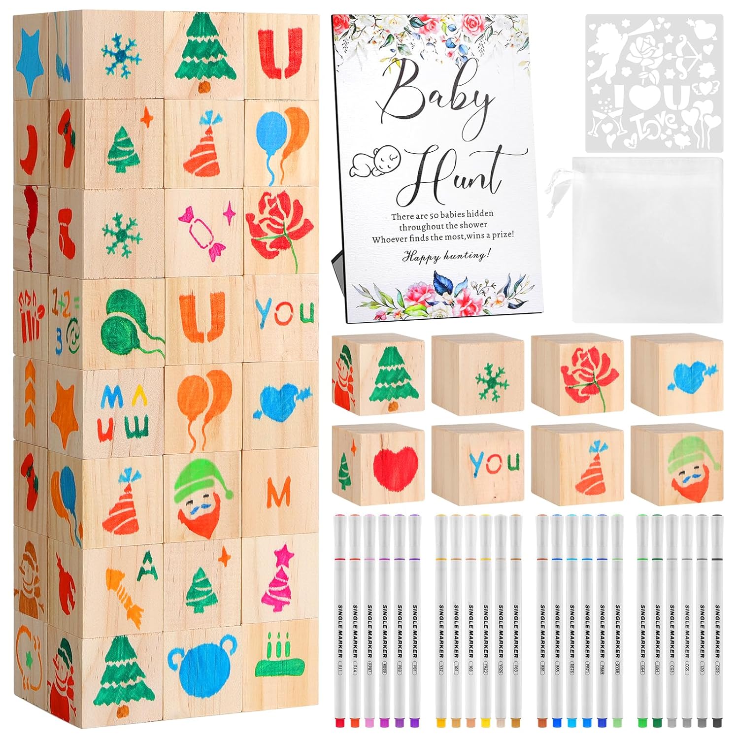 80Pc Baby Shower Guest Book Alternative - Diy Wood Block Decorating Kit For Nursery Decor - 50 Cubes, 24 Markers, Sign & 5 Stencils - Creative Keepsake For Gender Reveal & Party Activity