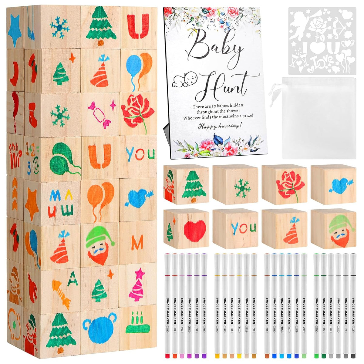 80Pc Baby Shower Guest Book Alternative - Diy Wood Block Decorating Kit For Nursery Decor - 50 Cubes, 24 Markers, Sign & 5 Stencils - Creative Keepsake For Gender Reveal & Party Activity