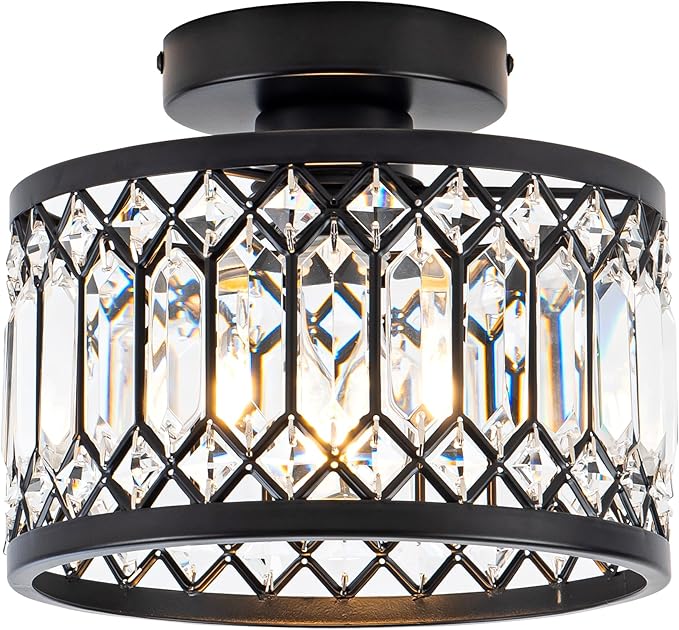 Black Crystal Semi Flush Mount Ceiling Light Modern Chandelier Fixture