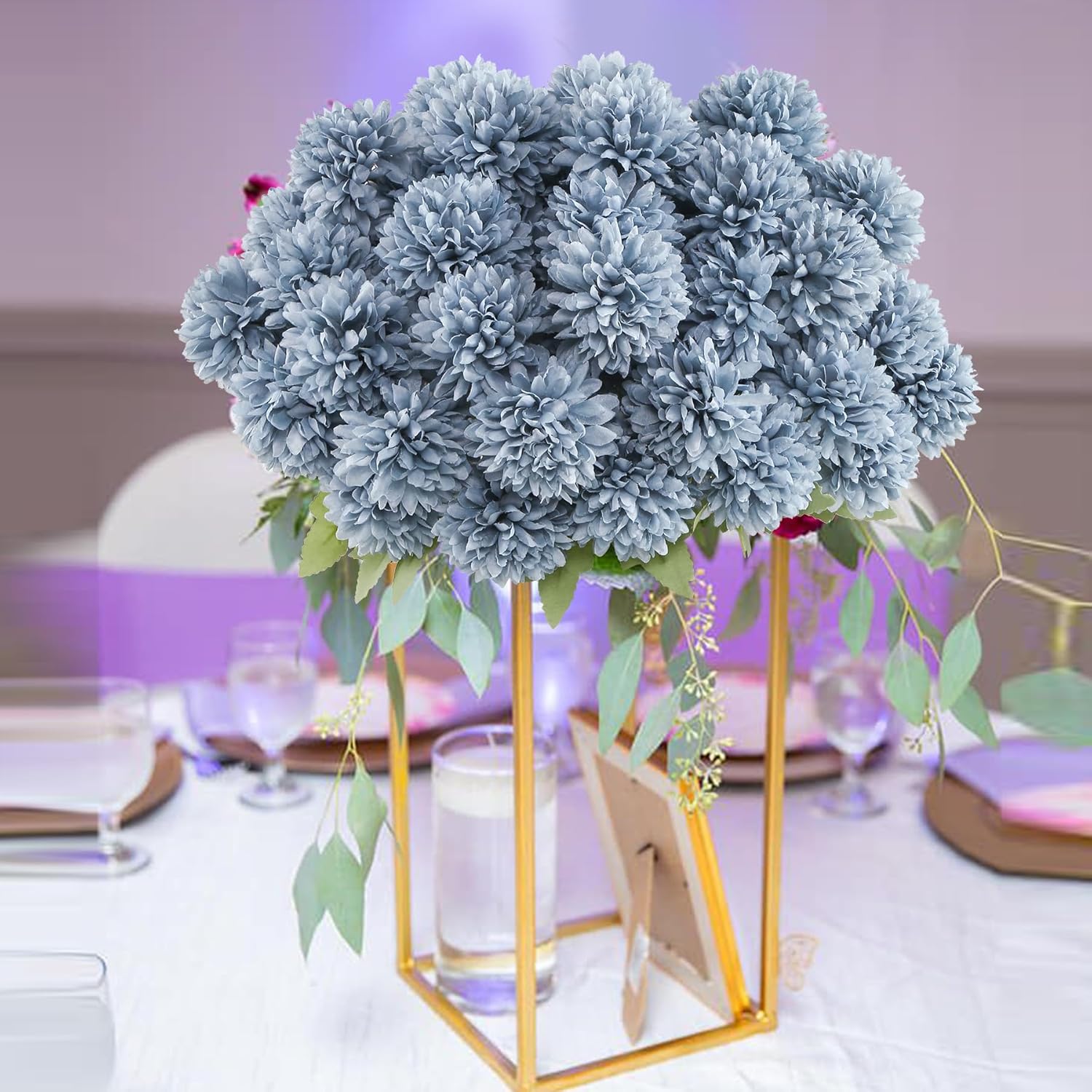 12 Bundle Artificial Mums Flowers For Outdoor Spring Decoration,Faux Ball Chrysanthemums Bouquet Fake Silk Flower For Vase Easter Table Floral Arrangement Wedding Home Decor(12, Haze Blue)