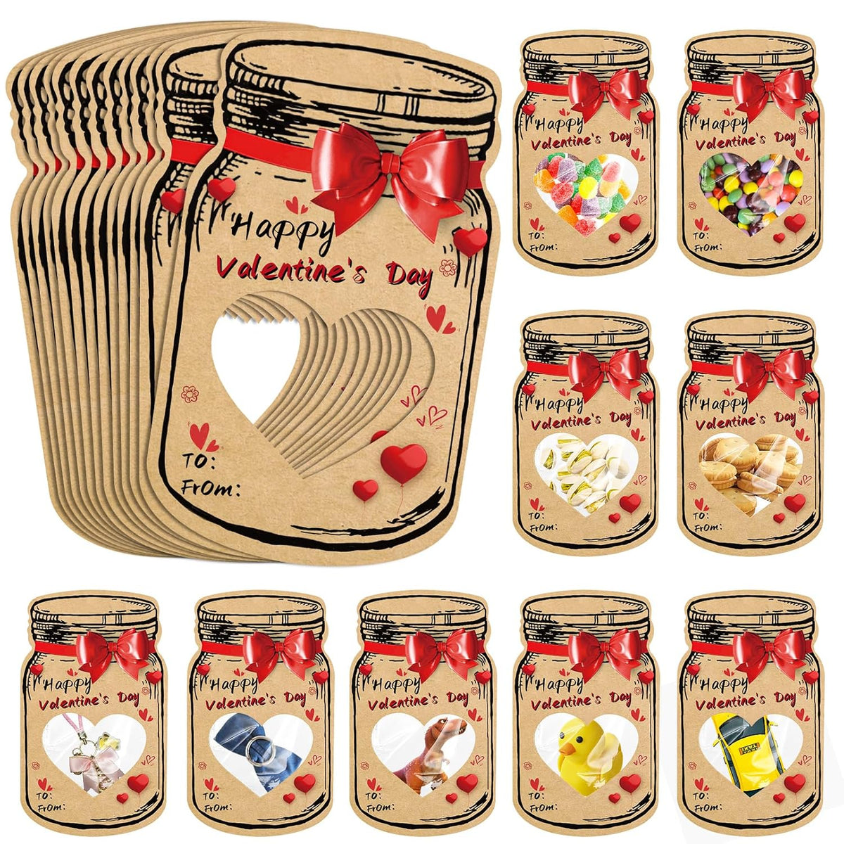 Valentines Day Cards For Kids School, 50 Pack Happy Valentines Day Cards For Classroom, Funny Mason Jar Valentine Exchange Cards For Kids Boys Girls Party Favors (Candy Not Included)