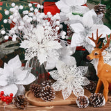 56 Pcs Christmas Decorations, 4 Styles Poinsettias Artificial Christmas Flowers Glitter Berries Stems Ornaments Tree With Pine Cones & Stems For Xmas Wedding Diy Wreath Floral Party (White)