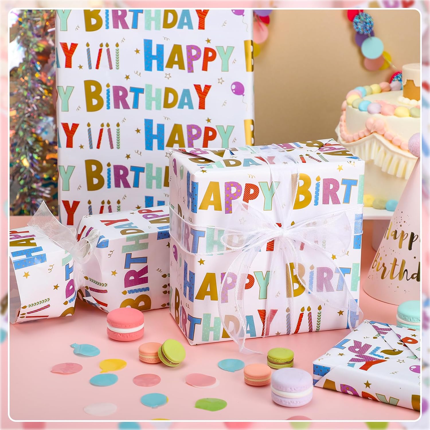 Birthday Wrapping Paper Roll 17 Inch X 33 Feet Colorful Foil Happy Birthday Lettering Candles Gift Wrapping Paper For Baby Shower Holiday Party