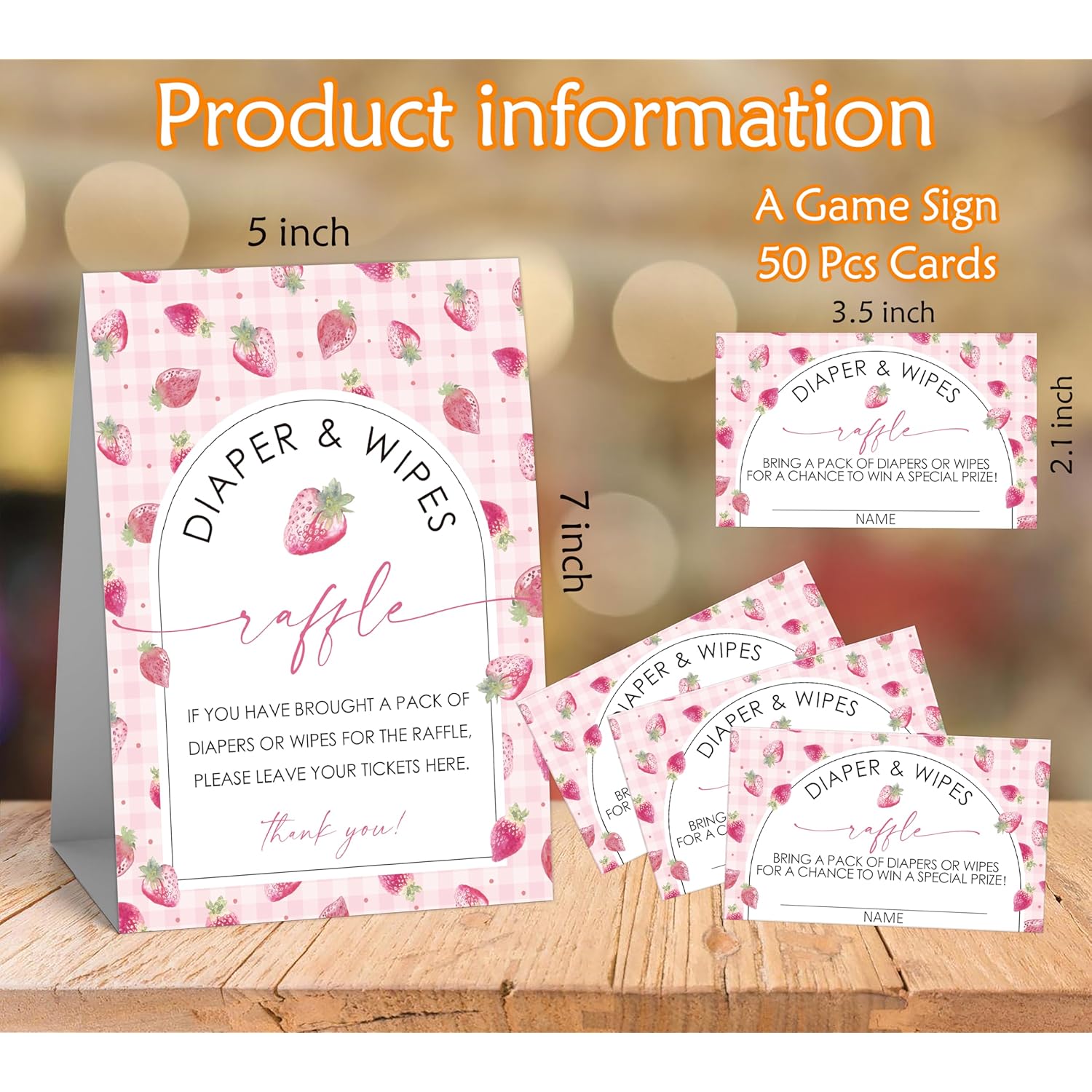 Strawberry Diapers And Wipes Raffle Game For Baby Shower, Diaper Prize Party Decorations, 1 Standing Sign And 50 Raffle Tickets Set, Congratulations For The New Baby