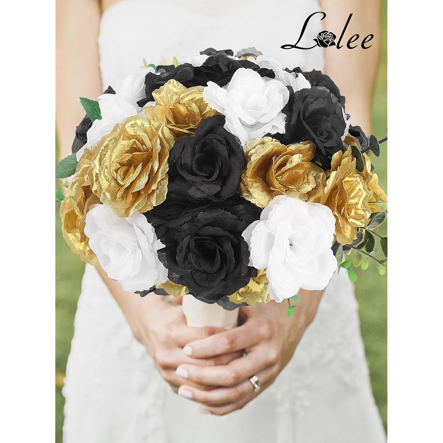 108Pcs Roses Head Flowers With Stem - Black Gold White Graduation Artificial Flowers Rose Bulk - Silk Rose Fake Flower For Birthday Wedding Baby Shower Centerpieces Gold Theme Grad Party Tables Decor
