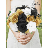 108Pcs Roses Head Flowers With Stem - Black Gold White Graduation Artificial Flowers Rose Bulk - Silk Rose Fake Flower For Birthday Wedding Baby Shower Centerpieces Gold Theme Grad Party Tables Decor