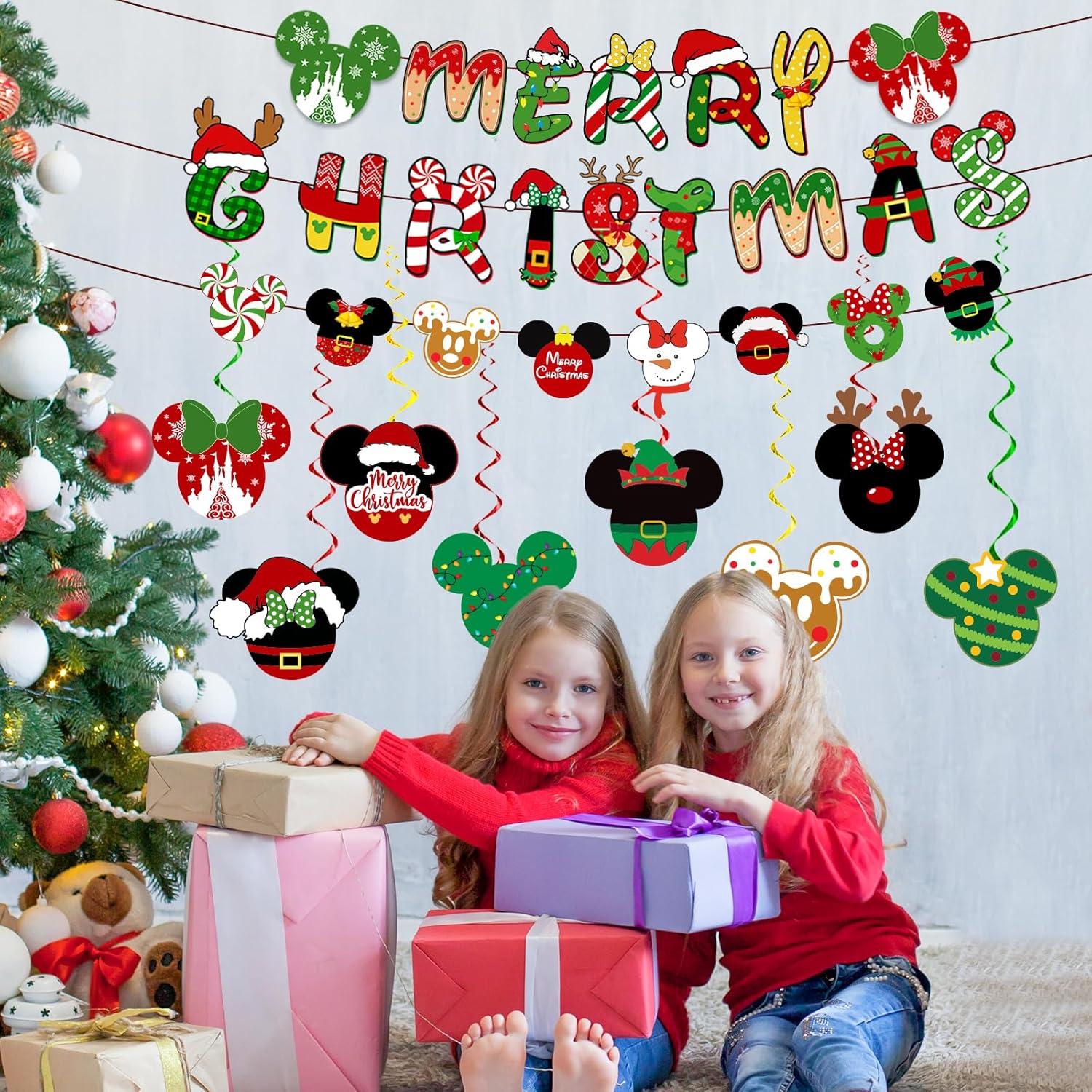 Mouse Theme Christmas Hanging Decorations - Banner, Foil Ceiling Swirls For Winter Holiday Merry Party Supplies