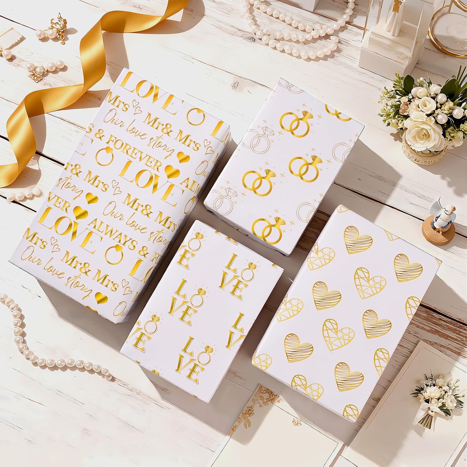 Ring Gift Wrapping Paper, 12 Sheets Engagement Ring Gift Wrap Gold Love Wrapping Paper With Mr & Mrs Design For Bridal Shower Anniversary Engagement Valentine'S Day Birthday, 19.7'' X 27.6''