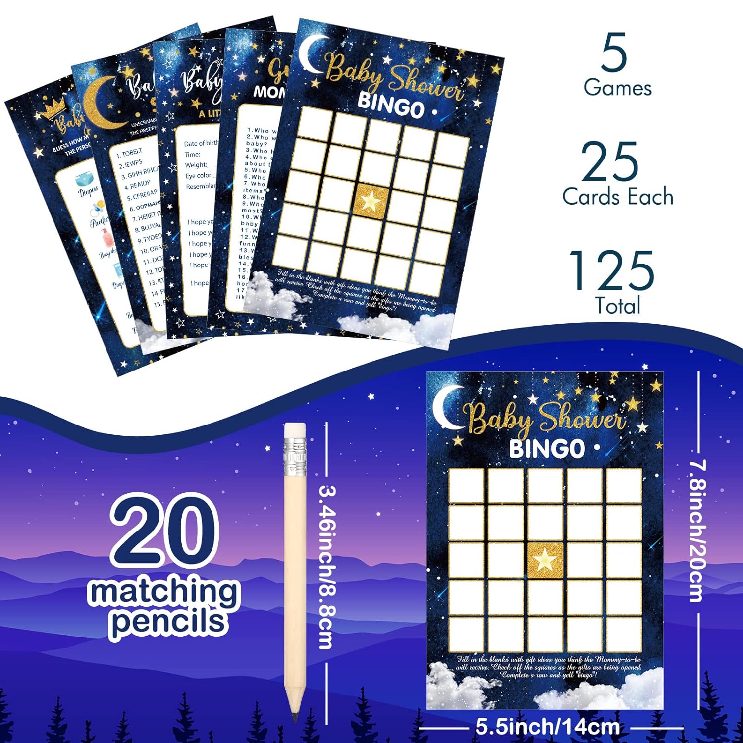 145 Pieces Baby Shower 5 Games Set Baby Shower Games Activities With 20 Pencils For Girls Boys Include Descriptions, Wishes, Guess Who, Bingo Activities (Moon And Star)