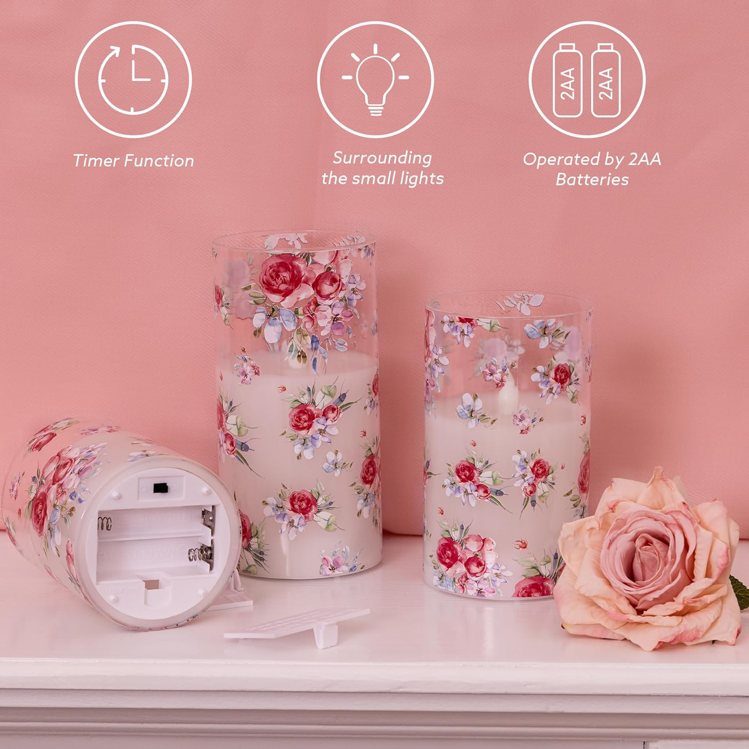 Rose Flameless Glass Candles With Remote, Real Wax 3D Wick Flame Battery Operated Led Candles With Love Pink Rose, For Romantic Special Night, Pink Roses House Decor, Set Of 3