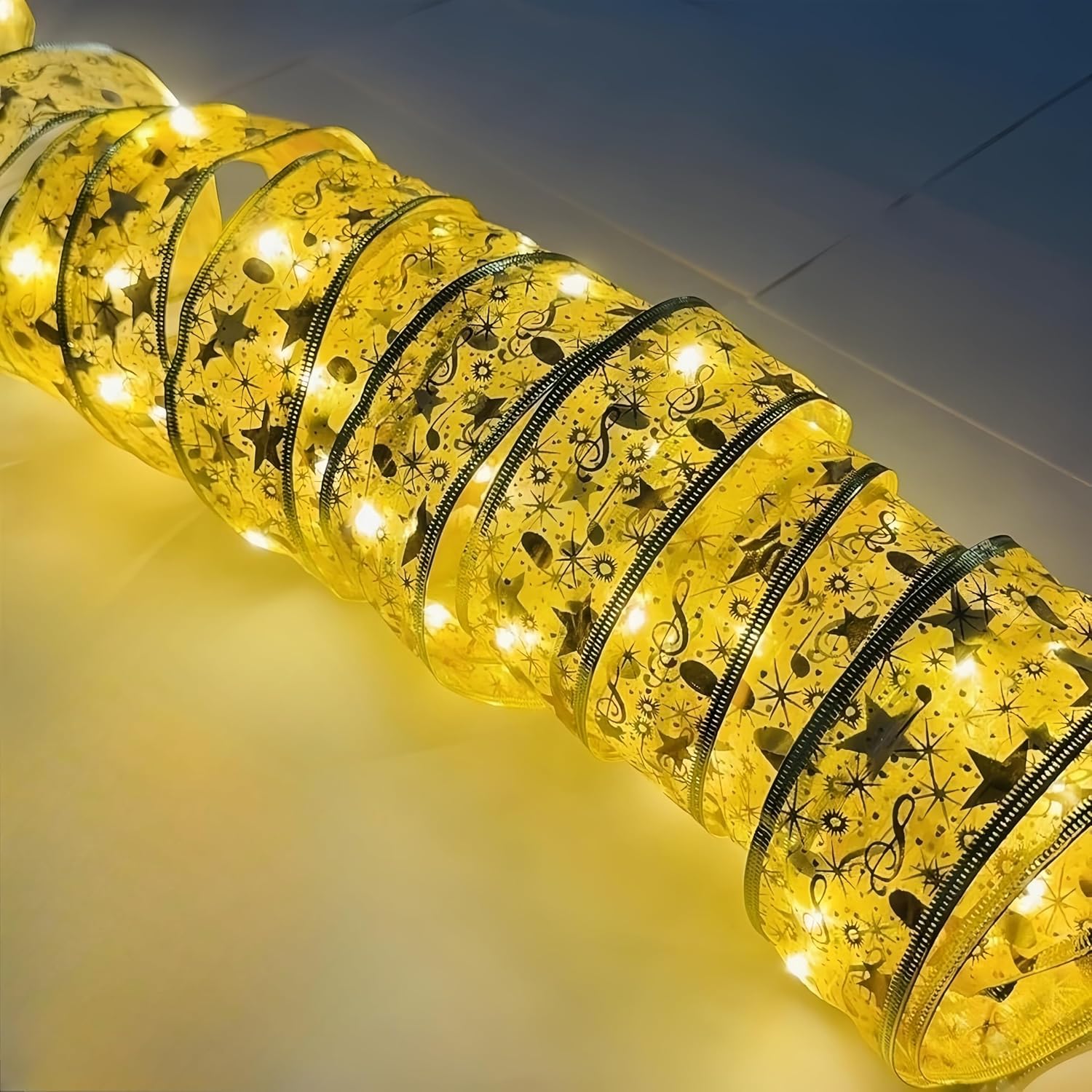 2 Pack Gold Christmas Tree Decorations Christmas Wire Ribbon, Christmas Ribbon Bows String Lights Gold For Party Wedding