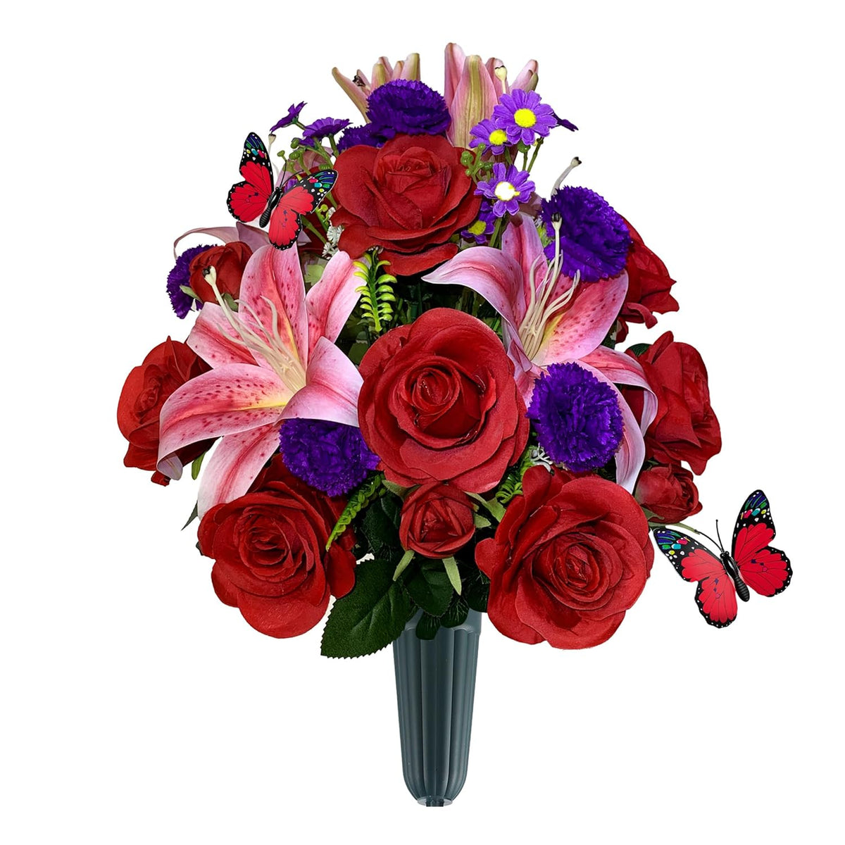 Artificial Cemetery Flowers With Vase, Artificial Rose Lily Carnation Bouquet, Graveyard Memorial Flowers For Cemetery Headstones Decoration