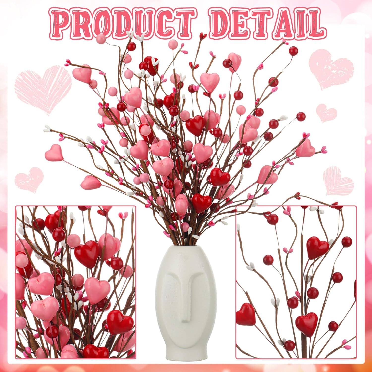 12 Pcs Valentine Floral Picks Pink Artificial Berry Stems Heart Shaped Branch Heart Sprays Picks Flowers For Valentine Mother'S Day Christmas, Wedding, Propose Home Decor