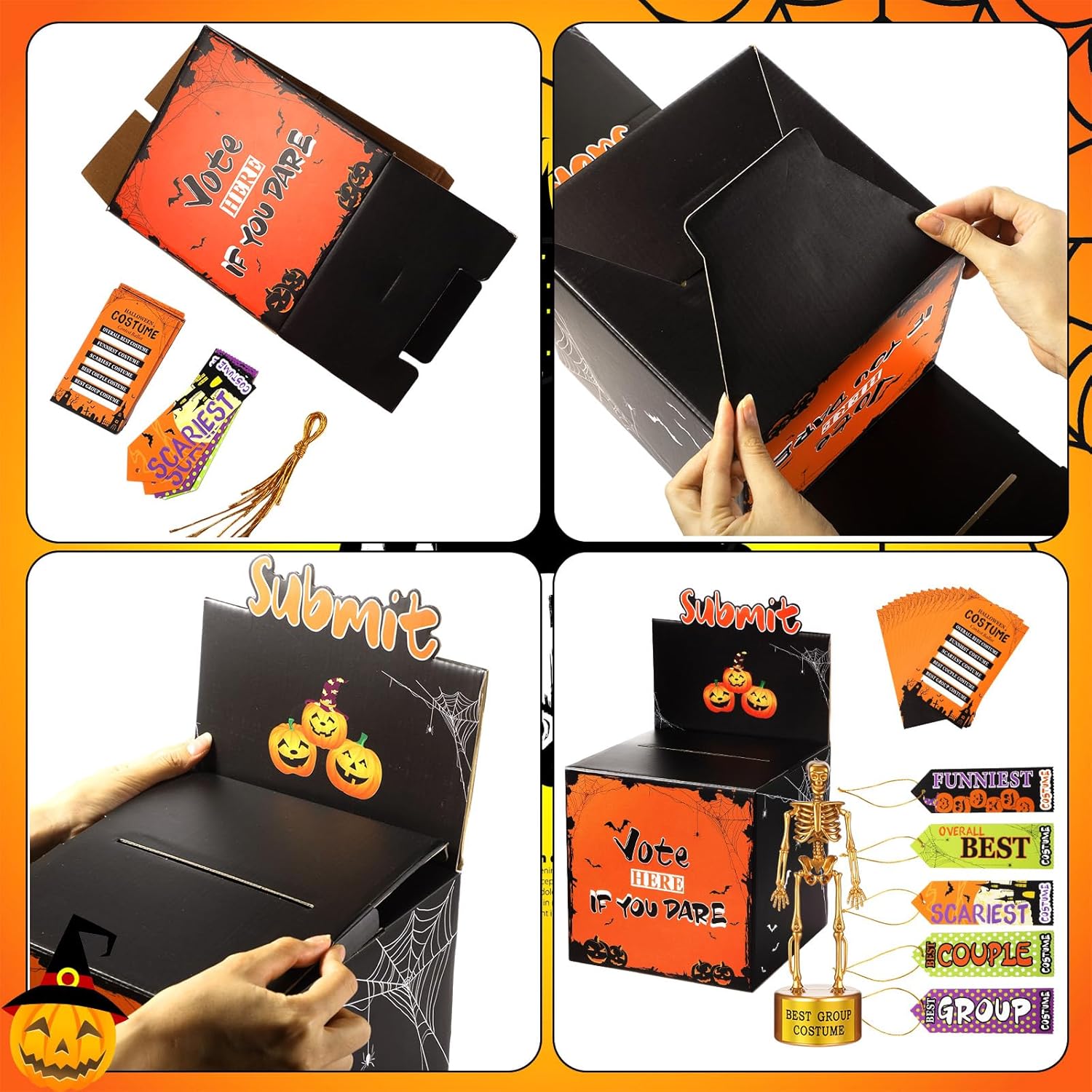 56 Pcs Halloween Party Supplies Include Halloween Contest Ballot Box, 5 Gold Trophies, 40 Voting Cards And 10 Award Prize Cards For Favor Fun Decor