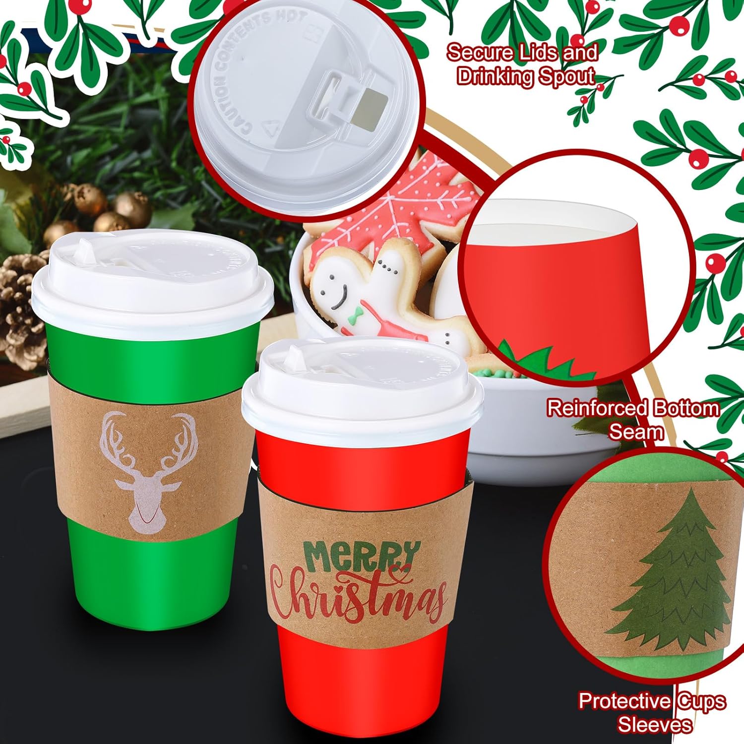 50 Pack 16 Oz Christmas Disposable Coffee Cups With Lids And Sleeves Merry Christmas Paper Coffee Cups Red And Green Drinking Cup For Beverage Cold Hot Drinks Holiday