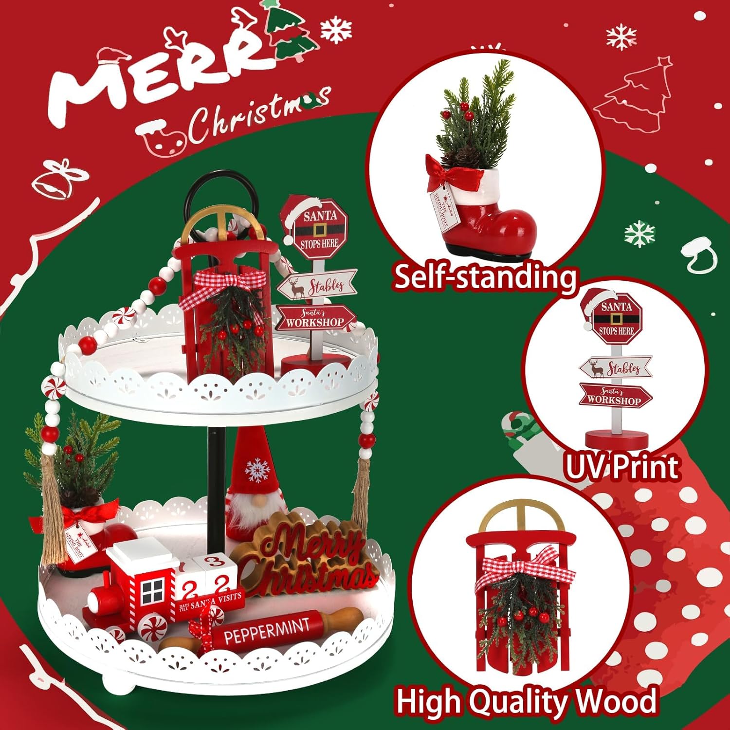 Christmas Decorations 8 Pcs Tiered Tray Decor Set, Cute Tabletop Christmas Decor For Home Shelf Mantel Fireplace Office Desk Coffee Bar Xmas Table Centerpieces Tray Objects Holiday Decoration Set