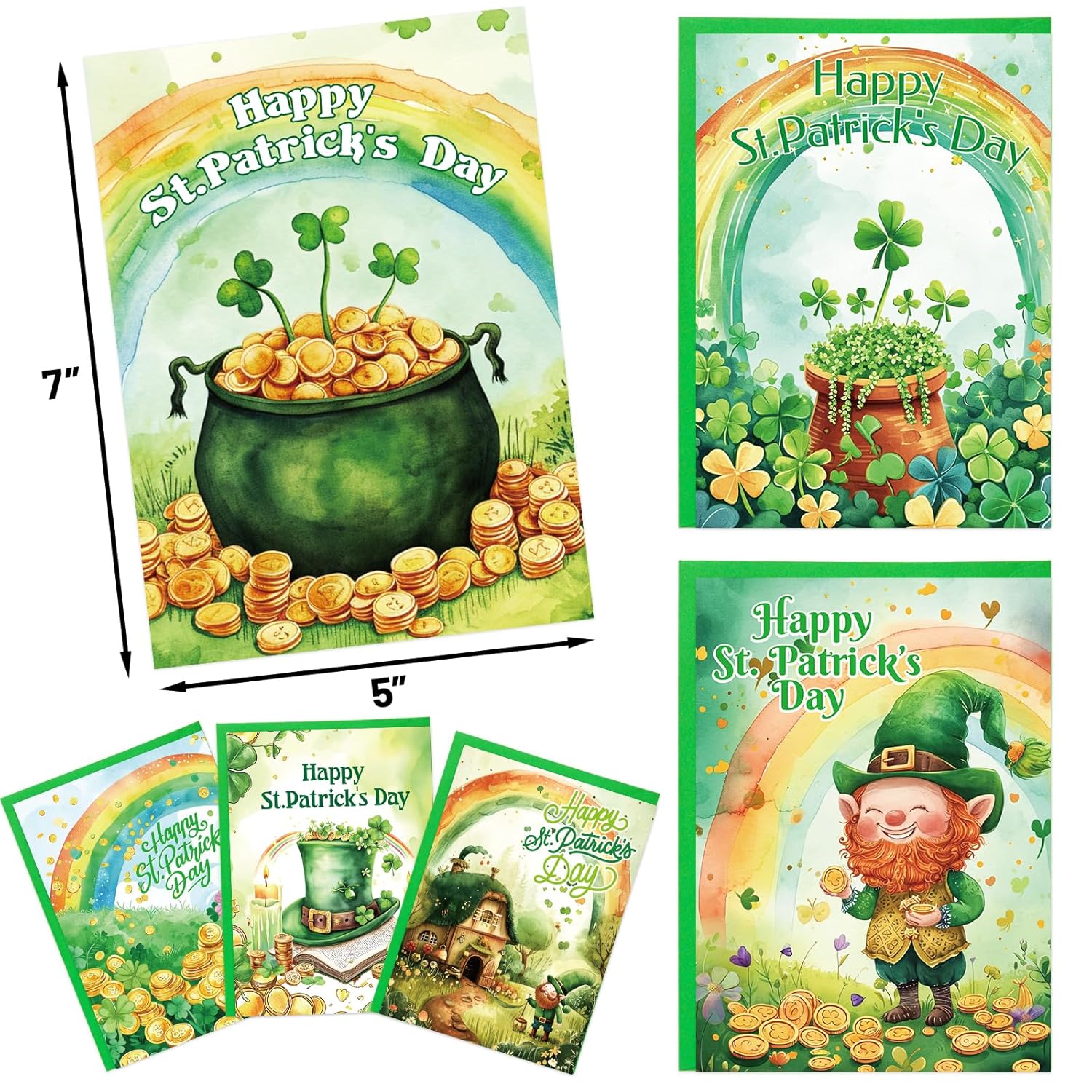 St. Patrick’S Day Cards Green Irish Shamrock Greeting Card Rainbow Leprechaun Gold Coin Notes Card For Holiday Supplies Party Favors 12Pcs