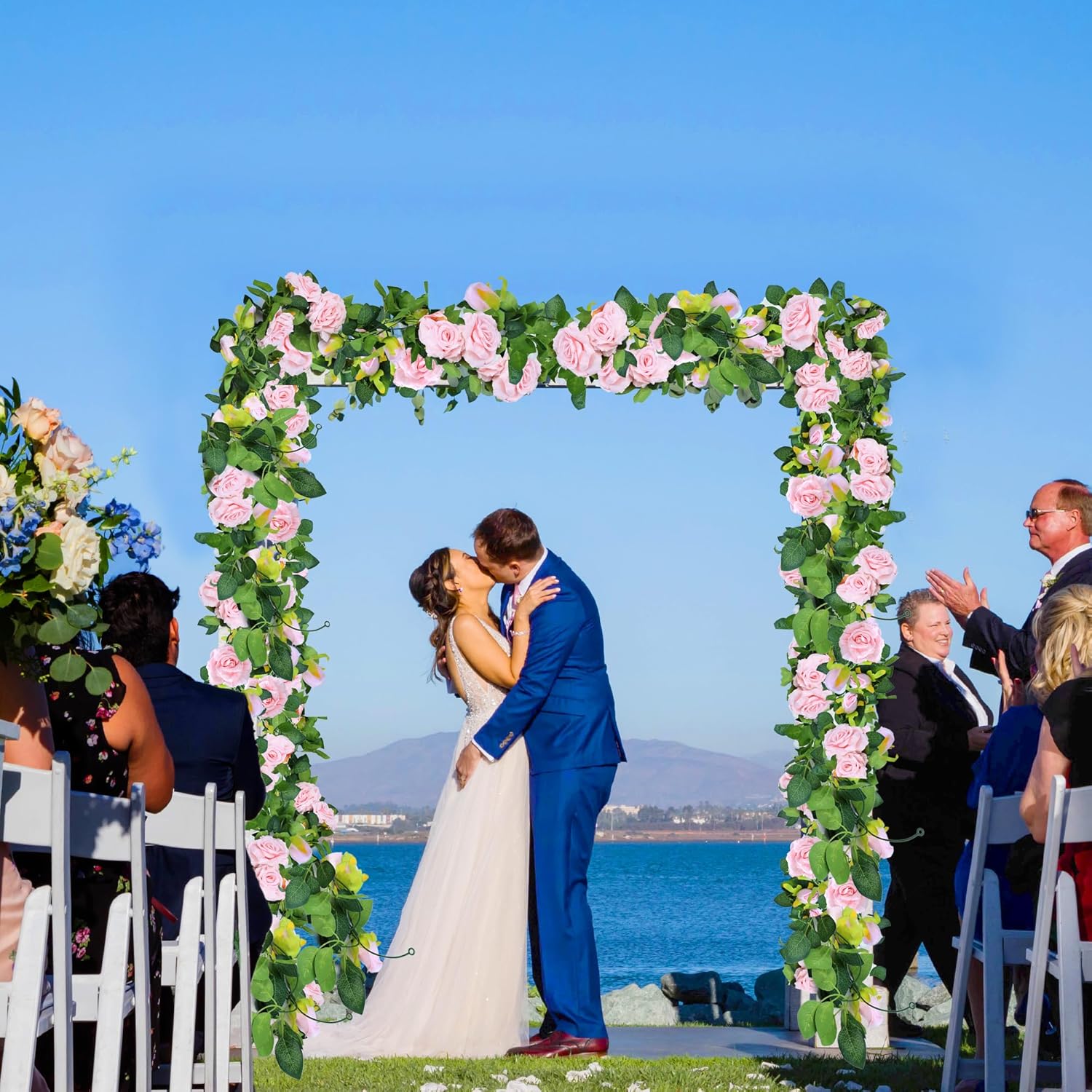 2Pcs 15.5Ft Artificial Rose Vine Fake Flower Garland Floral Garland Faux Silk Hanging Vine Rose Ivy Vines For Wedding Arch Party Wall Garden Ceremony Background Outdoor Decor (Pink)