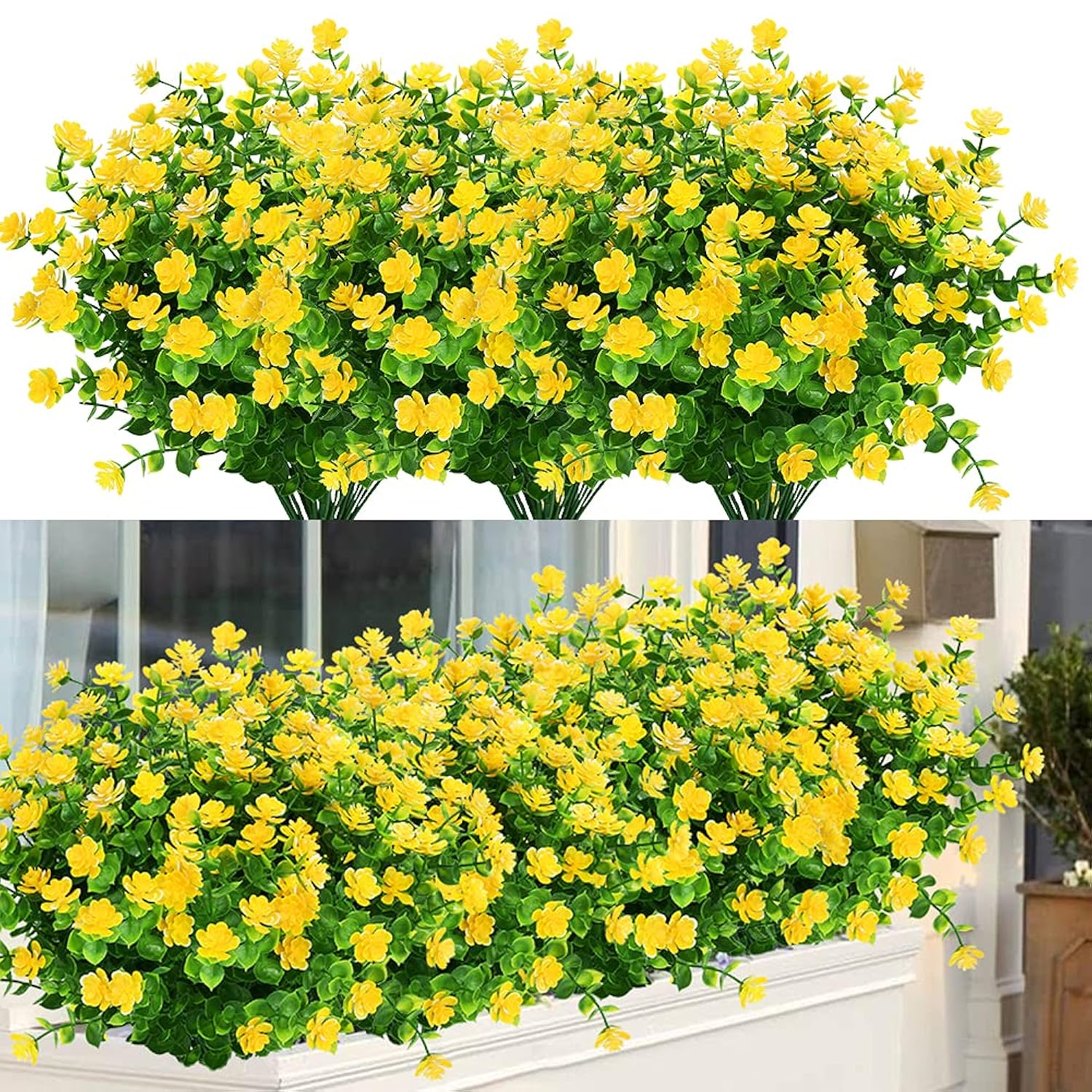 6 Bundles Outdoor Artificial Flowers Uv Resistant Fake Boxwood Plants, Faux Plastic Greenery For Indoor Outside Hanging Plants Garden Porch Window Box Home Wedding Farmhouse Decor (Yellow)