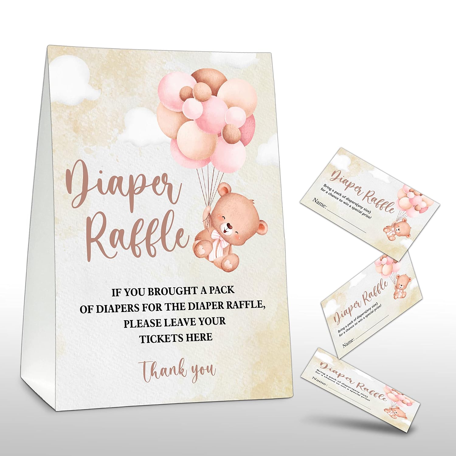 Diaper Raffle Party Games, Bear Balloon Baby Shower Game, Watercolor Brown Themed Baby Gender Reveal Party Supplies & Activities -1 Double Sided Standing Sign + 50 Guessing Cards (A12)