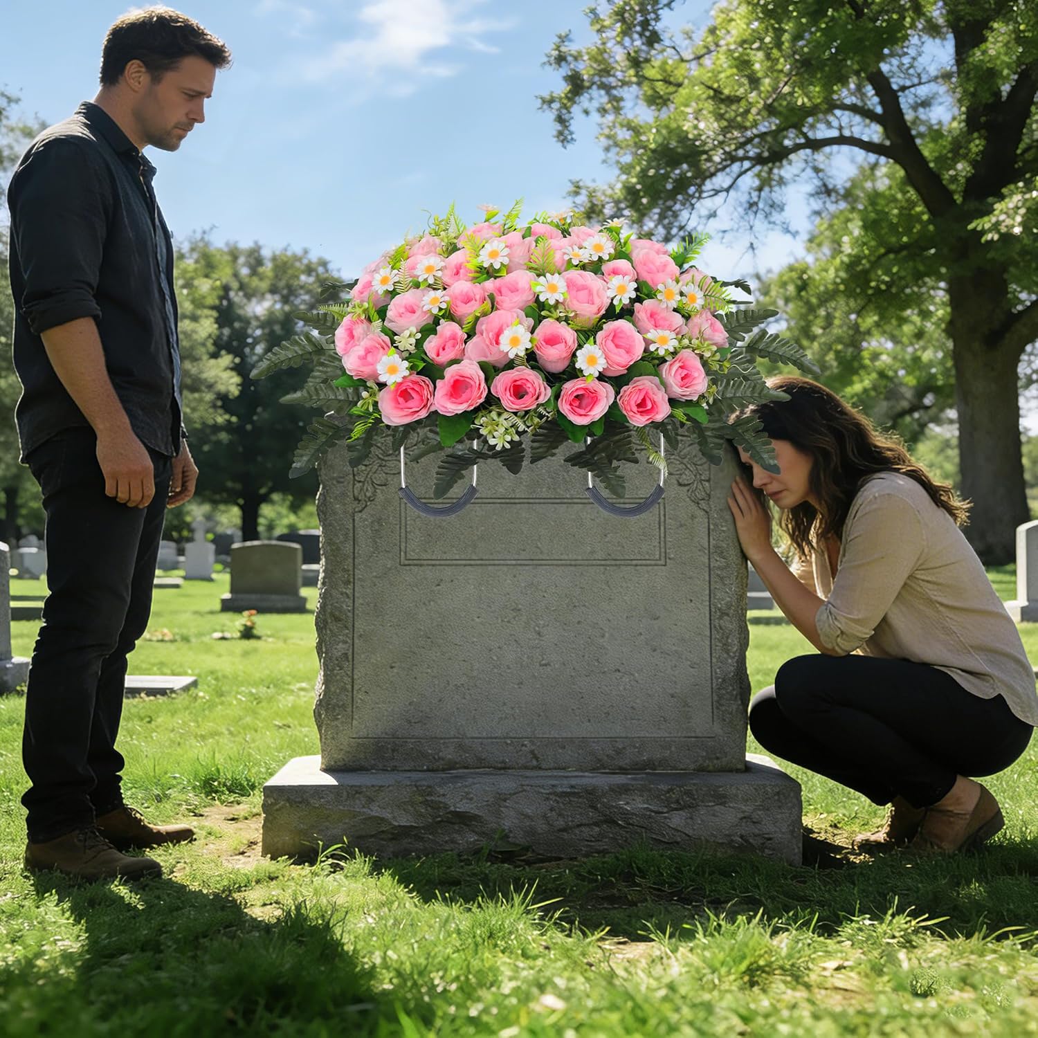 Artificial Cemetery Flower Saddle – Artificial Rose Memorial Flowers, Flower Saddles For Graves– For Headstone Decorations On Memorial Day, Christmas, Valentine’S Day ? (Pink)