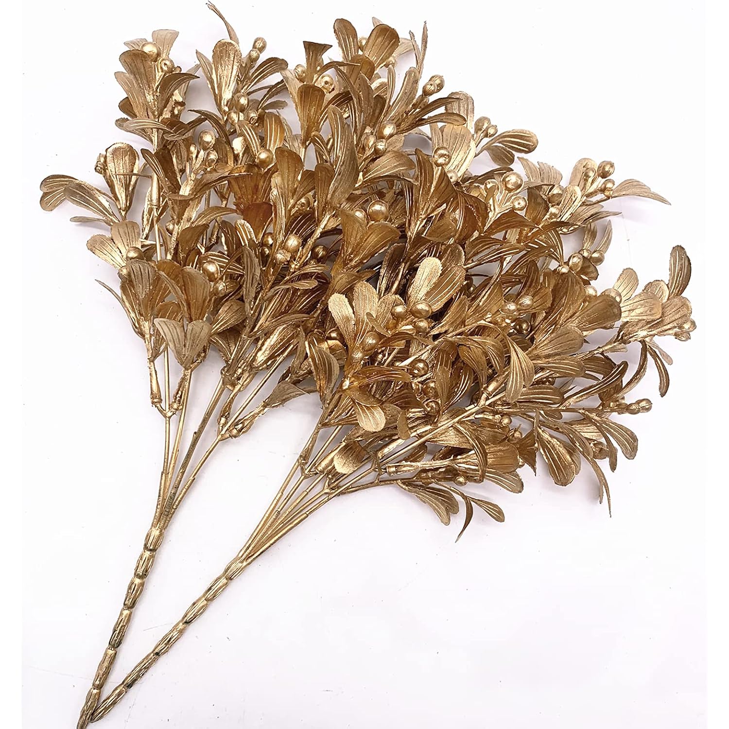 Christmas Artificial Flowers, Golden Leaves Branches Plants Fake Berry Plant Decor For Wedding Bridal Bouquet Party Indoor Outdoor Diy Home Table Centerpieces Arrangements Decoration - Gold 3 Pack