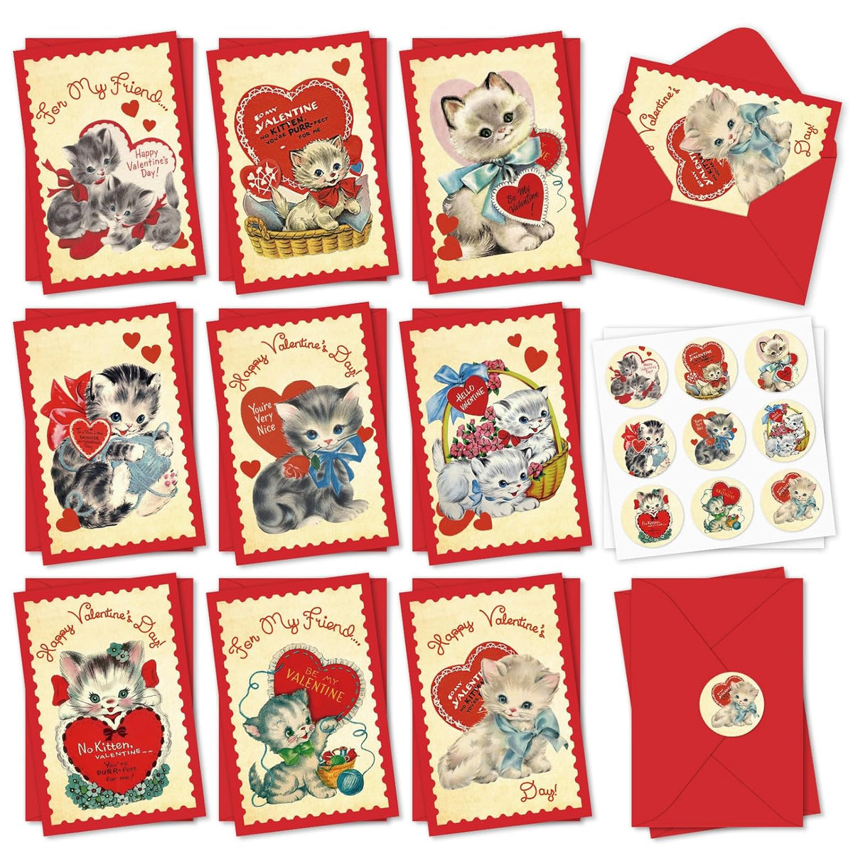 36 Pack Valentine'S Day Cards Vintage Heart Cat Greeting Cards With Envelopes & Stickers Blank Note Cards For Wedding Anniversary Party Supplies, 4 X 6 Inch