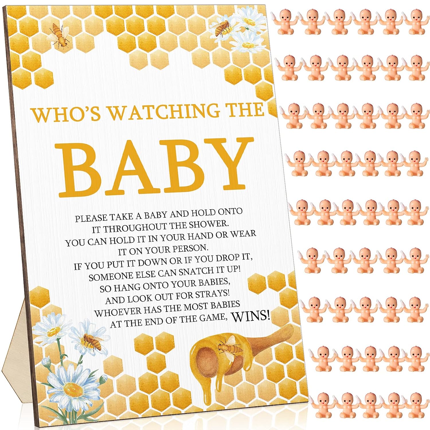 51 Pcs Cool Baby Shower Games Who'S Watching The Baby Sign Wooden Gift Sets Gender Reveal Party Favors 50 Tiny Plastic Babies Small Mini For Party Decors(Bee)