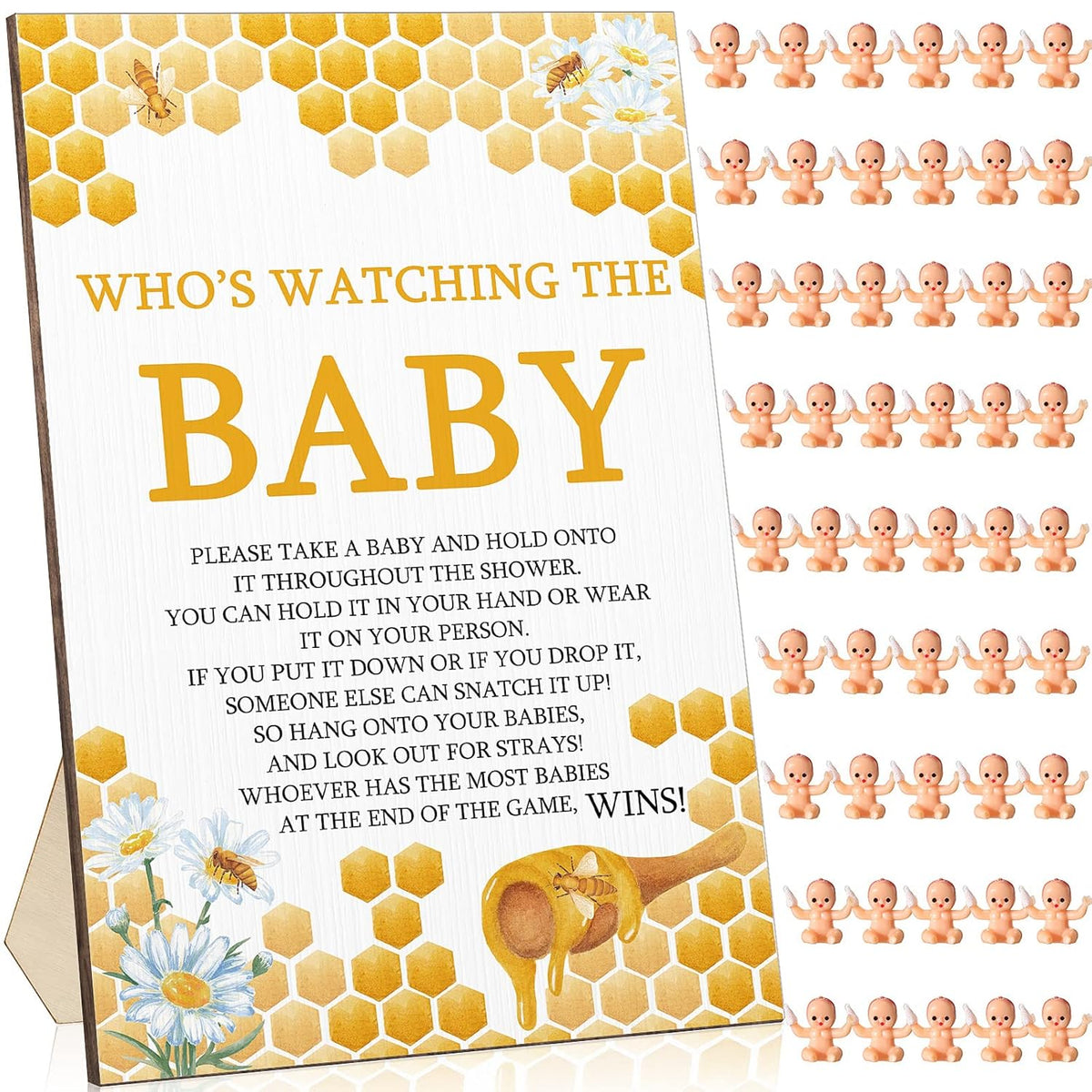 51 Pcs Cool Baby Shower Games Who'S Watching The Baby Sign Wooden Gift Sets Gender Reveal Party Favors 50 Tiny Plastic Babies Small Mini For Party Decors(Bee)