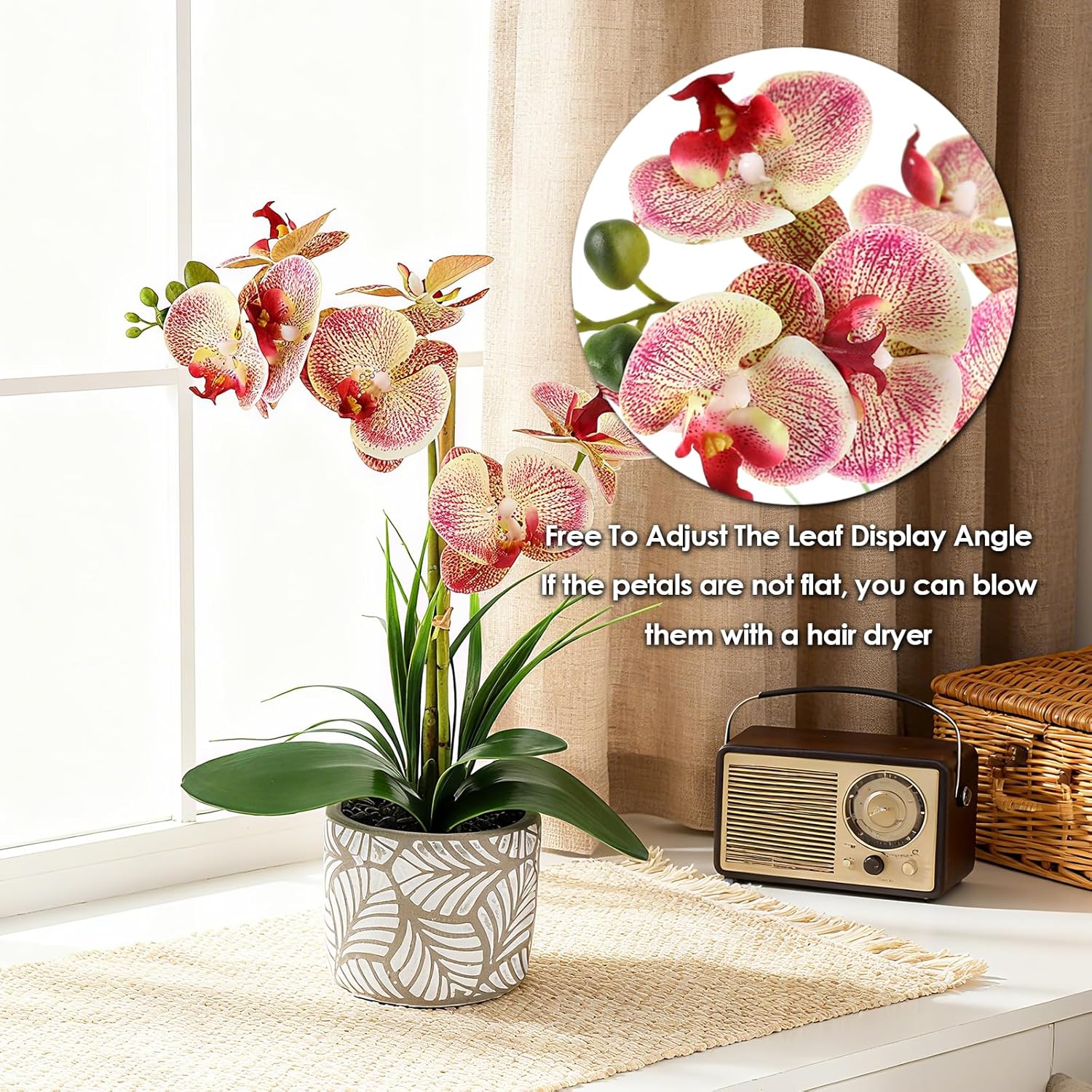 Artificial Orchid Flower Plant, 14.9'' Real Touch Artificial Orchid Pink With Ceramic Vase, Fake Orchids Flowers Decor For Indoor/Home Wedding/Office/Table Centerpieces Arrangements