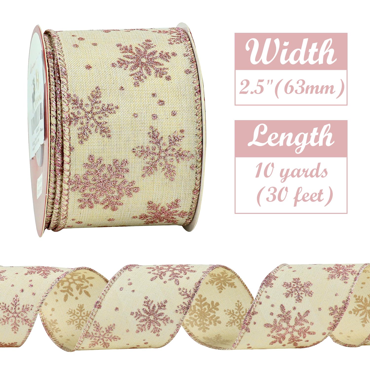 Snowflake Christmas Ribbon Wired Rose Gold Snowflake Burlap Ribbon For Tree, Bows Making, Wreaths, Gift Wrapping, Home Decor, Garland, Crafts-2.5 Inch X 10 Yards