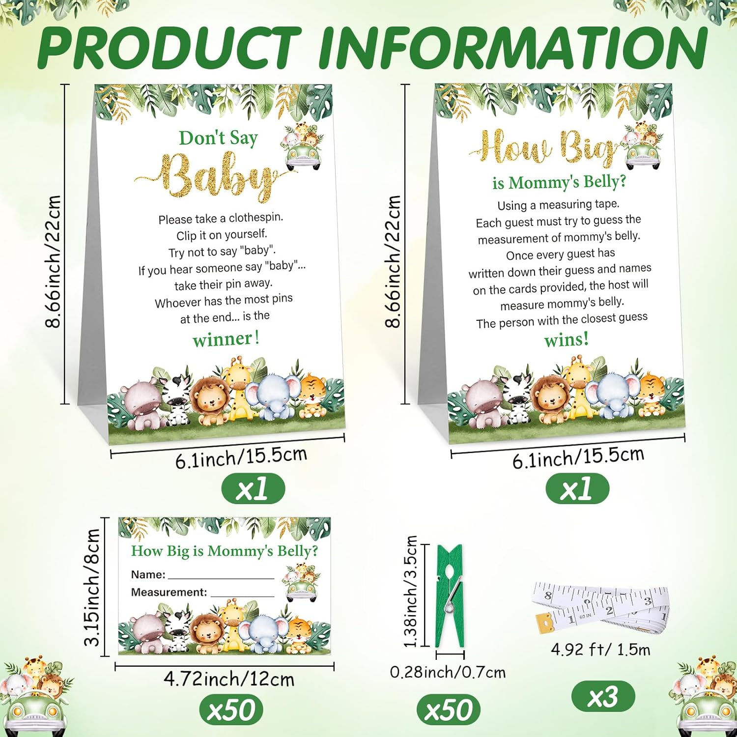 105 Pcs Baby Shower Games Include How Big Is Mommy'S Belly Game Measure Mommy'S Belly Sign Don'T Say Baby Sign, 50 Mini Clothespin 50 Guessing Card 3 Roll Measuring Tape (Green,Safari Animal)