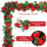4 Pack 32 Ft Red Flower Garland Artificial Rose Vines Roses Fake Vine Flowers Plants Party Supplies For Holiday Wedding Garden Craft Art Decoration