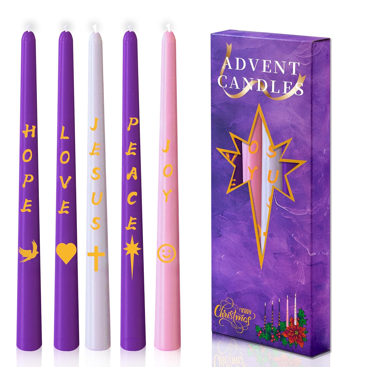 Advent Candles Set Of 5, Unscented Christmas Taper Candle With Letters & Pattern, 10 Inch X 7/8 Inch Dripless Advent Wreath Nativity Candle For Holidays, Church, Devotional, Celebration, Party