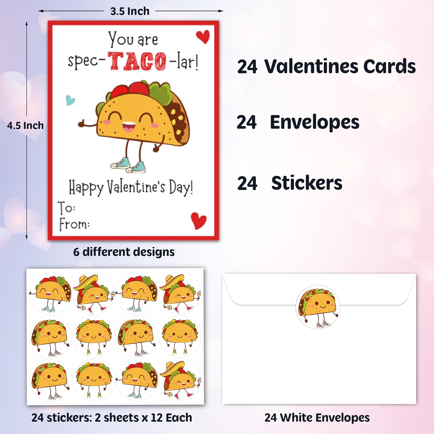 Taco Valentines Day Cards Gifts For Kids School, 24 Pack Taco Valentine Classroom Exchange Cards For Boys Girls